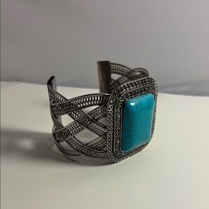 Silver tone Cuff Bracelet with real Turquoise Stone